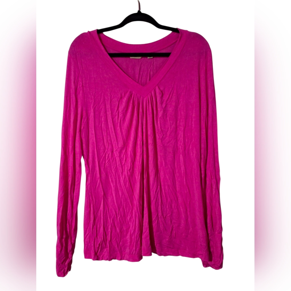 Motto Fuchsia Pink V-Neck Long Sleeve Top XL Soft Flowy Stretch Casual Tee
